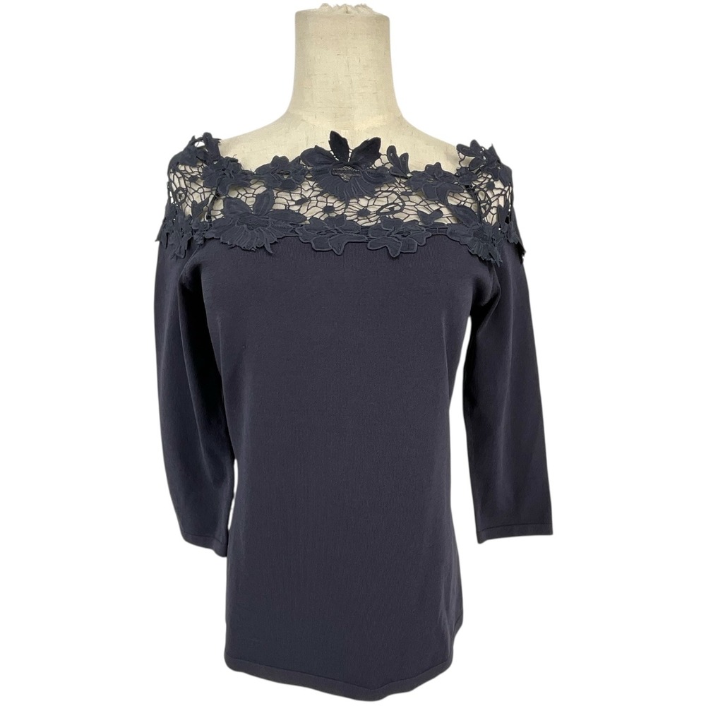 BOSTON PROPER Womens Blue Off Shoulder 3/4 Sleeve Sweater Top M Embroidered Lace